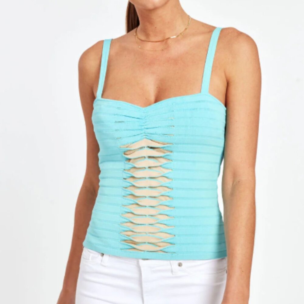 NWT Dolce Cabo Spandex Blend Tank Top Size M Turquoise Blue Ruched Sleeveless